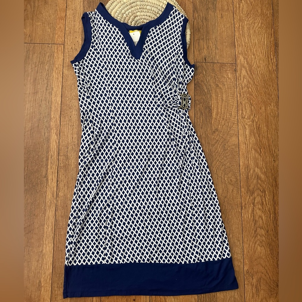 NWT Liz Lange Navy and White Sleeveless Dress with Gold Buckle Gather